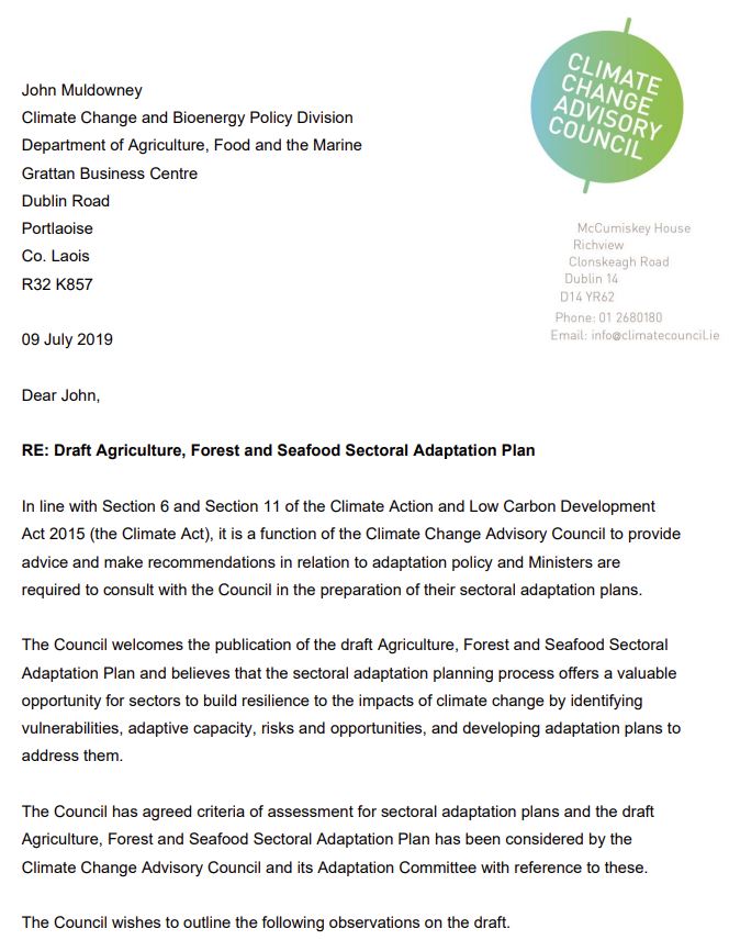 Response to draft Agriculture, Forestry and Seafood Sector Adaptation Plan